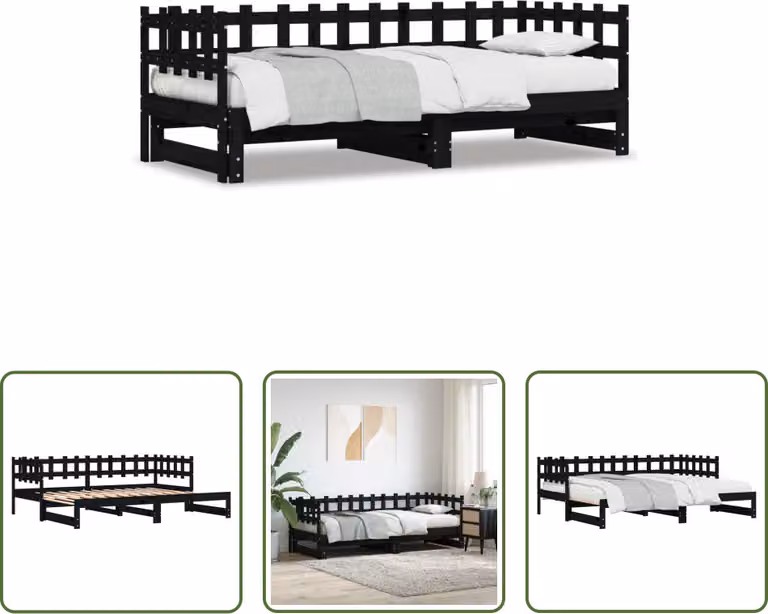 The Living Store letto da giorno allungabile nero 2x(80x200) cm in legno di pino massiccio