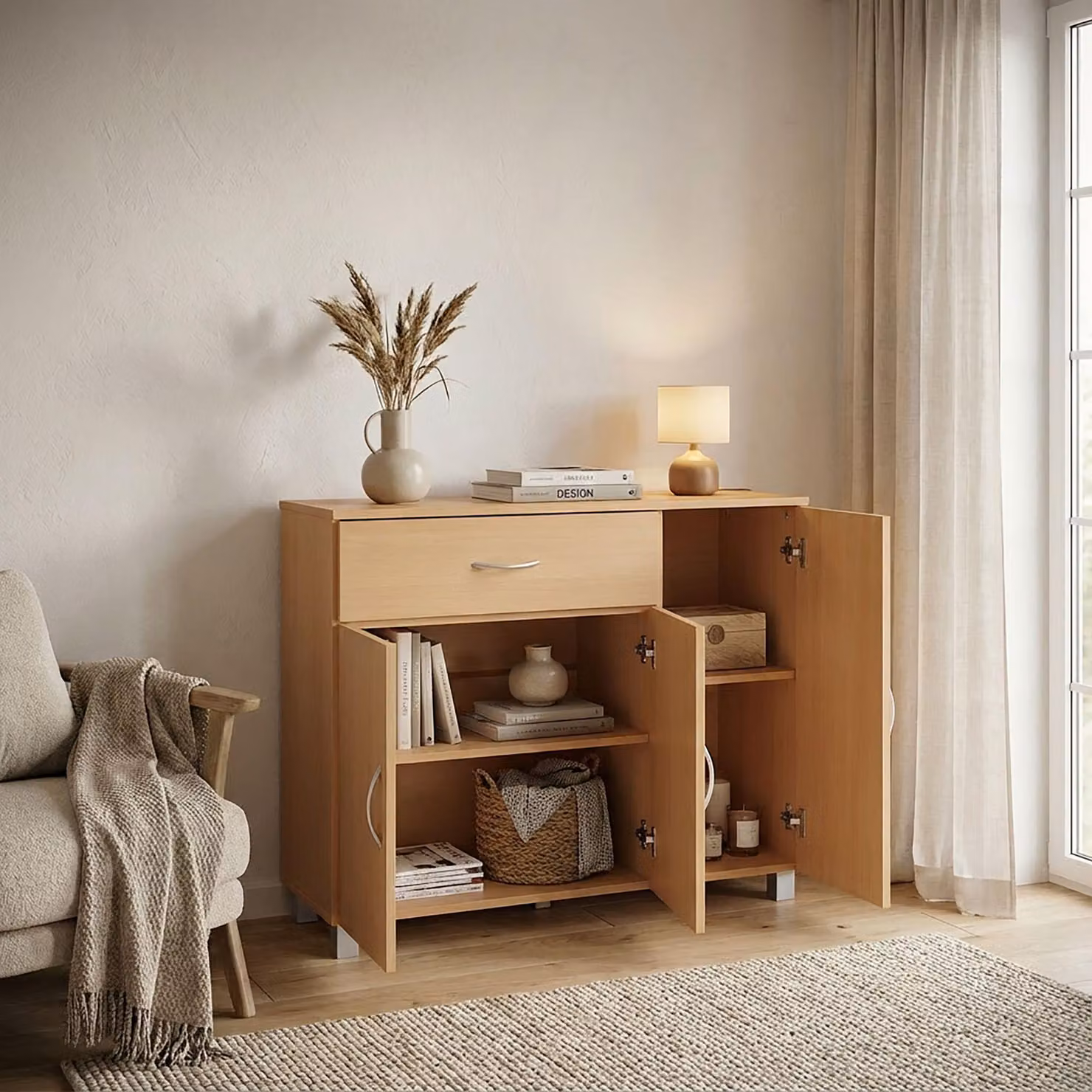 FineBuy credenza JERRY in faggio con 1 cassetto e 3 ante 90 x 75 x 30 cm | Cassettiera di design in MDF | Credenza da corridoio con maniglie