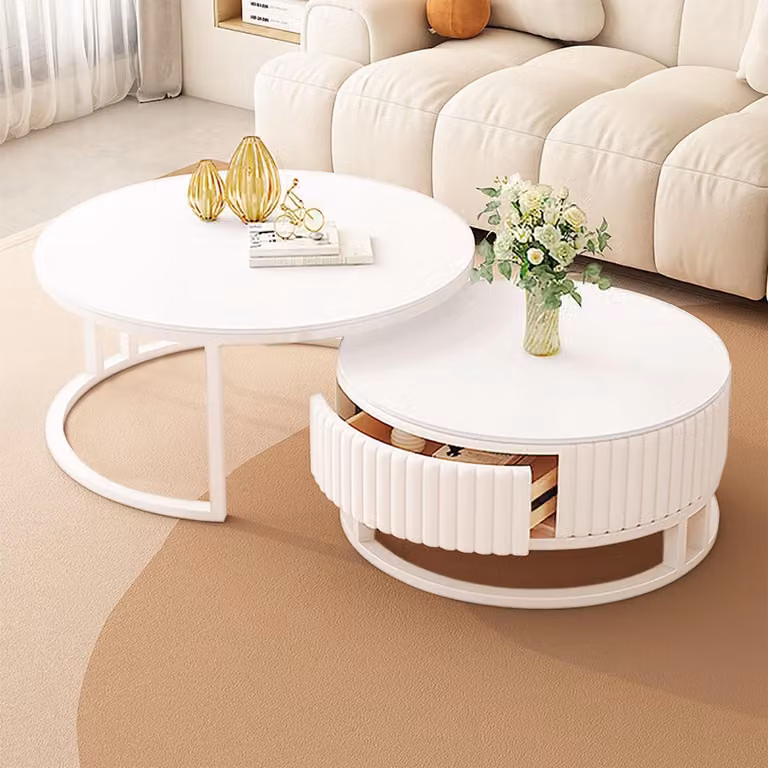 Set di tavolini da caffè rotondi, bianchi, effetto marmo, composto da 2 pezzi, dimensioni 50+70 cm, con spazio contenitivo