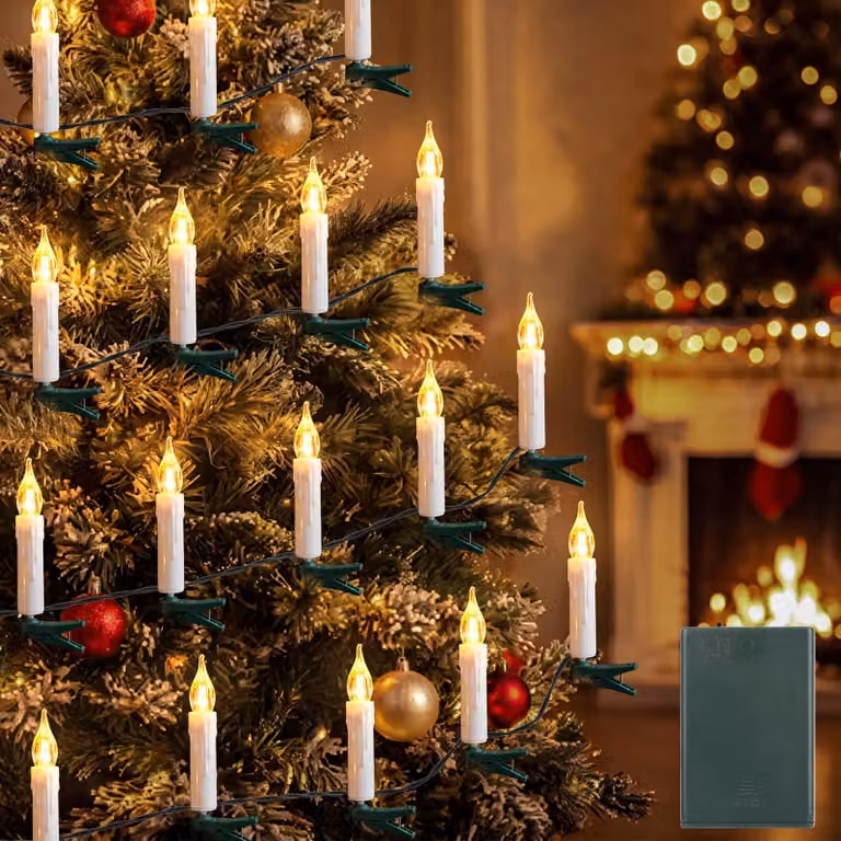 Catena luminosa a LED con forma di candele, 15 metri, 30 candele a luce calda, timer, connettori