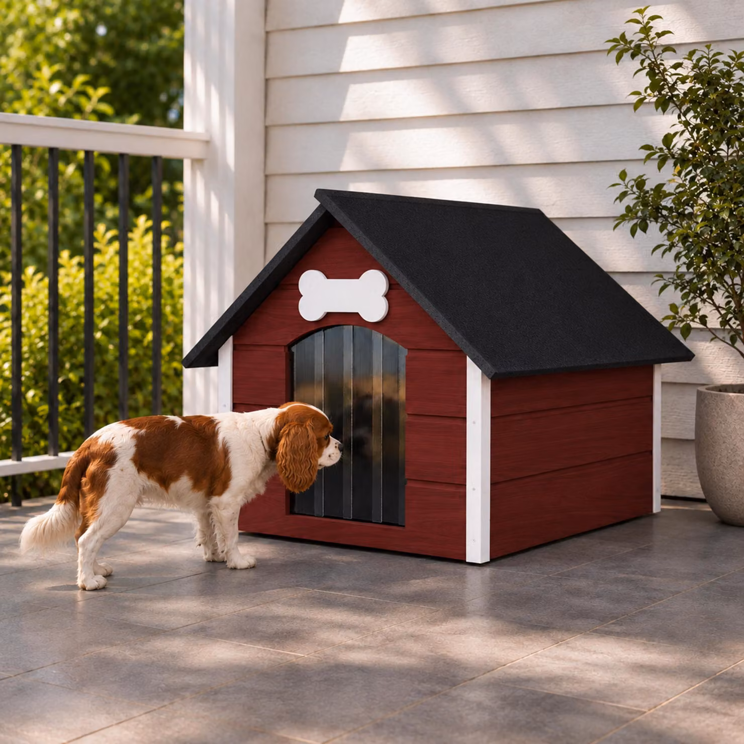Cuccia per cani QLS, dimensioni L (81x68 cm), isolata, in legno, per esterno, colore rosso e bianco, modello 9123