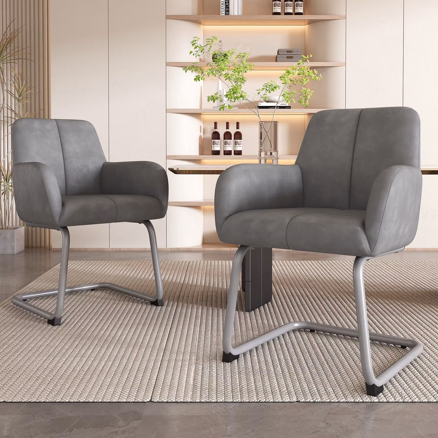 Set di 2 sedie per sala da pranzo Flieks, sedia a sbalzo con gambe in metallo, sedie imbottite sedia da cucina sedie da lavoro, PU, grigio