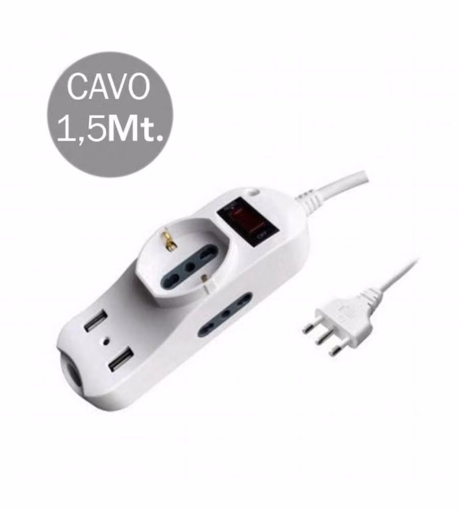 Multipresa V-TAC Bianca con Cavo 1,5m, 2 Prese Laterali 10/16A 2P+T, 1 Presa Frontale Shuko 10/16A 2P+T, 2 Porte USB e Interruttore