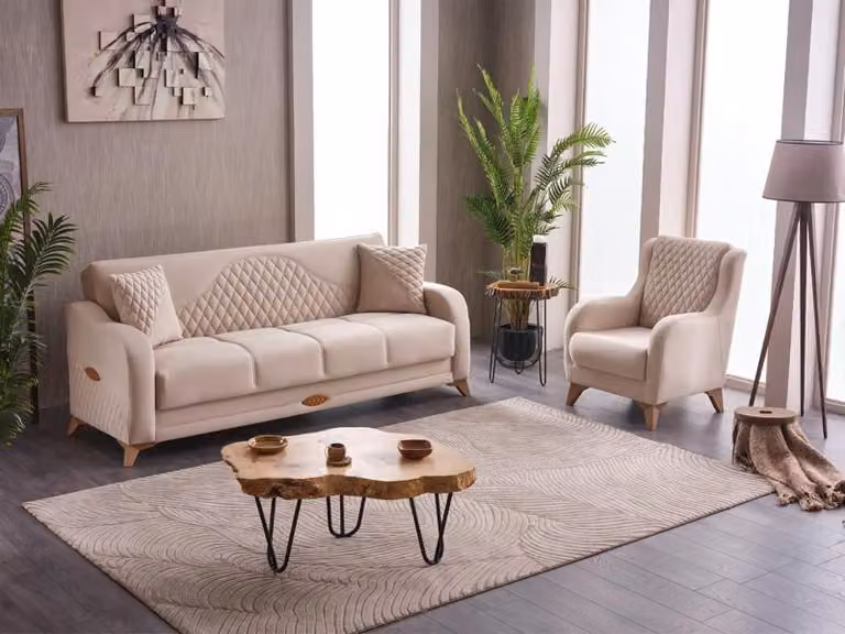 Couch Komplette Dreisitzer Sessel 3 Sitzer Stoffsofa Polstersofa Beige
