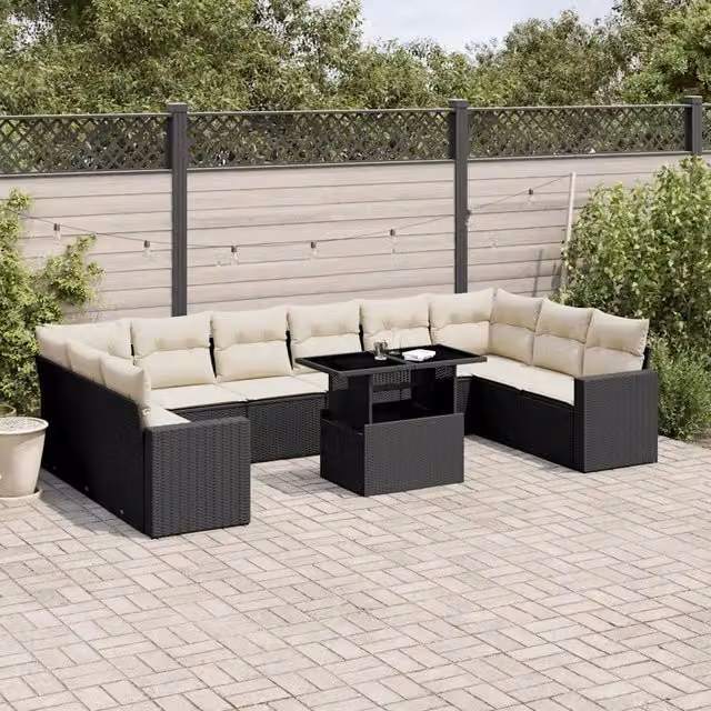 Set di divani da giardino vidaXL composto da 11 pezzi con cuscini in polyrattan nero e struttura in metallo per esterni – 1
