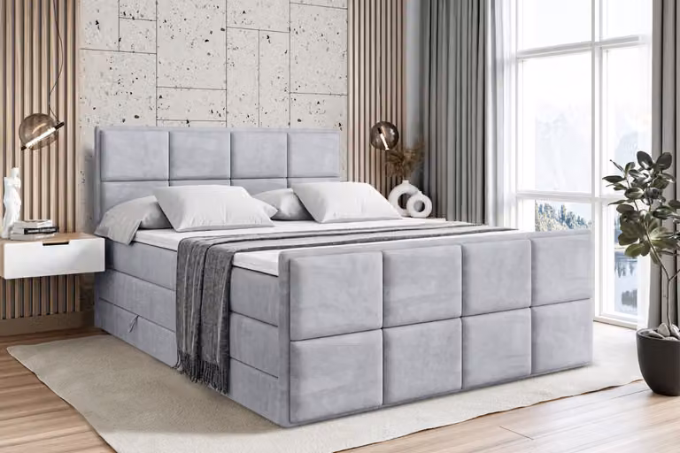 Letto boxspring ALTDECOR con pediera, 2 materassi e topper - 160x200 cm - NOVA-Z KING - Velluto grigio chiaro - Letto imbottito con materassi H3 e H4, contenitore e rete a doghe, letto con spazio contenitivo