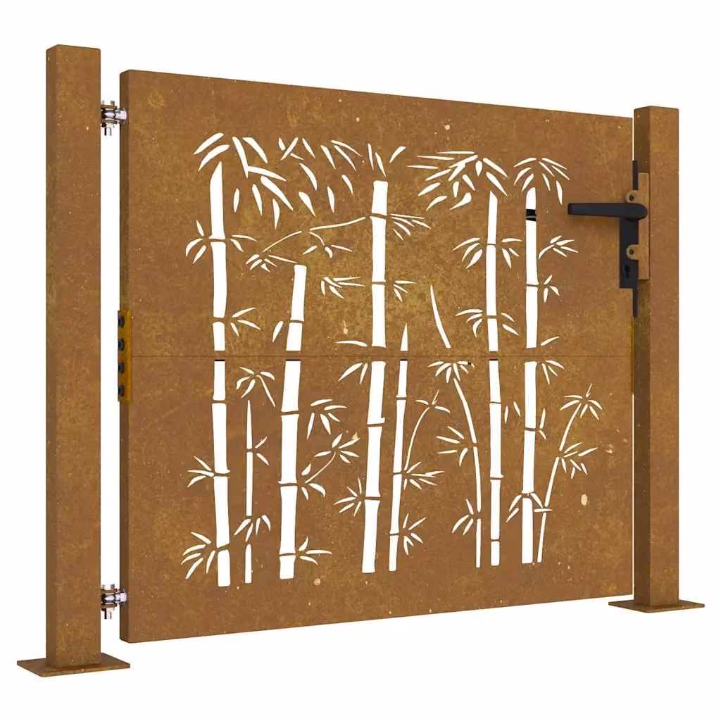 Cancello singolo da giardino vidaXL in acciaio Corten e design in bambù, colore marrone, L: 110 cm, H: 105 cm – 2