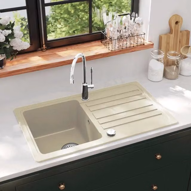 Lavello da Cucina in Granito Vasca Singola-Lavandino-Lavabo Beige 892767