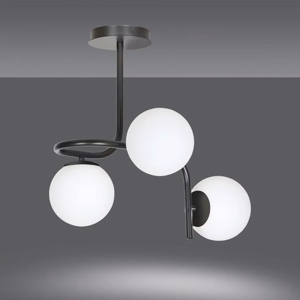 Lampadario a sospensione moderno Luceart-Classic Ramachandra con 3 luci a bracci in acciaio nero e sfere in vetro bianco opalino – 2