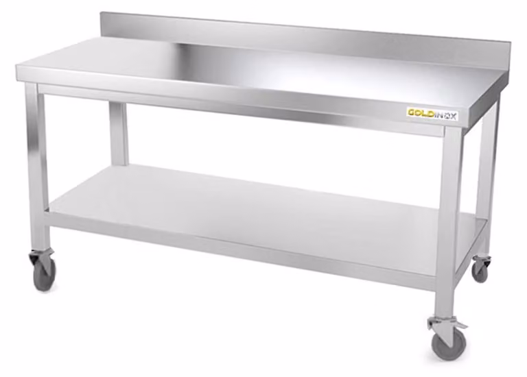 Tavolo da lavoro in acciaio inox con struttura portante, dimensioni 1600 x 600 mm, montato su ruote di alta qualità - GOLDINOX