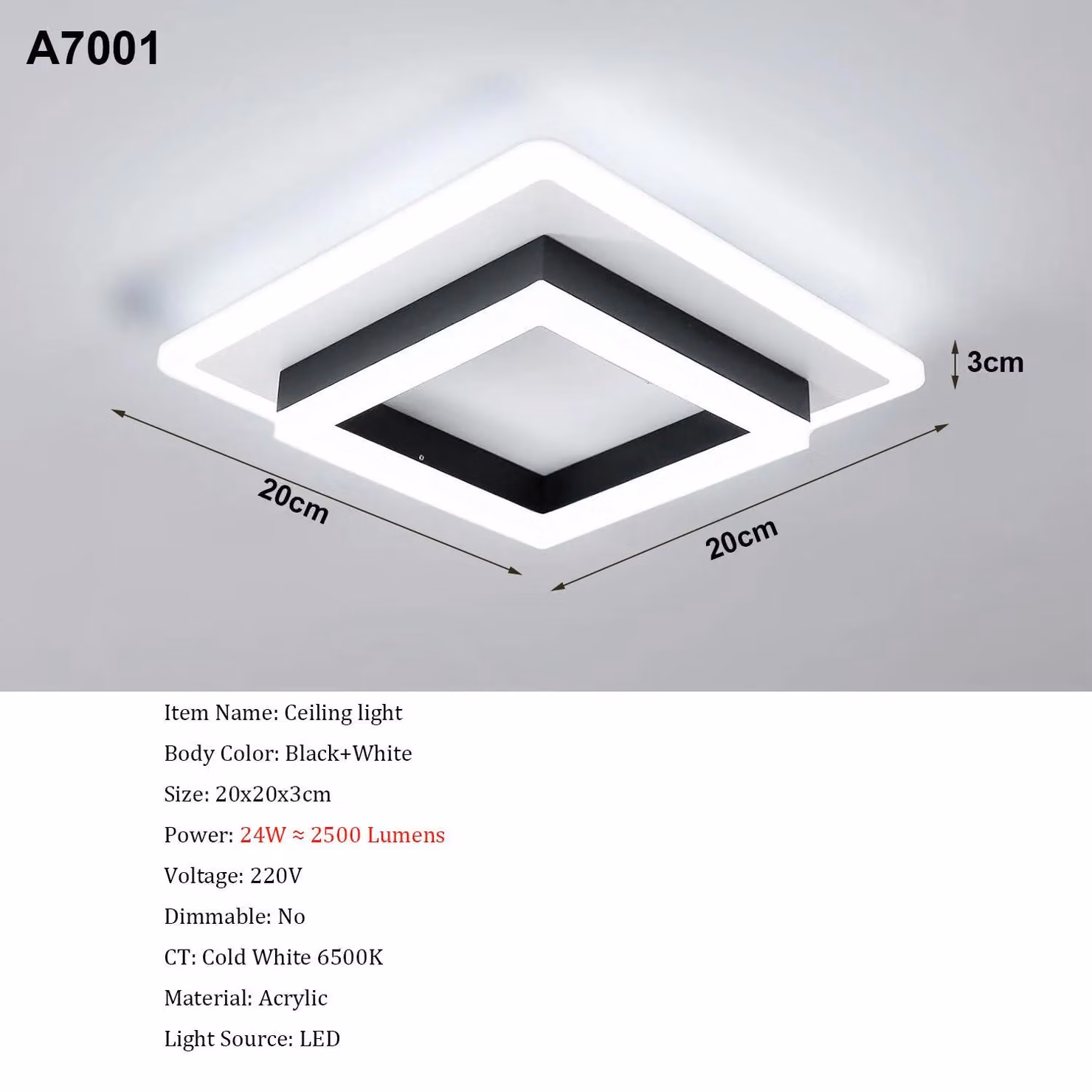 Pannello LED quadrato - Modello A7001 - Materiale: acrilico - Temperatura di colore: 6500 K (bianco freddo) - Tensione: 220 V - Montaggio a soffitto - Non dimmerabile - Colore: bianco