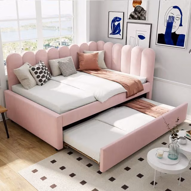 Letto a L con funzione divano letto in velluto rosa 140x200 cm