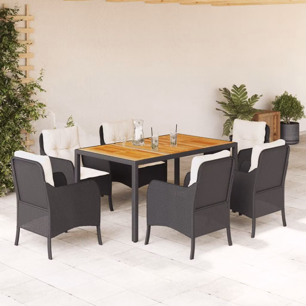 Set da pranzo da giardino vidaXL in legno di acacia oliato e polyrattan con 7 pezzi, nero e bianco – 1