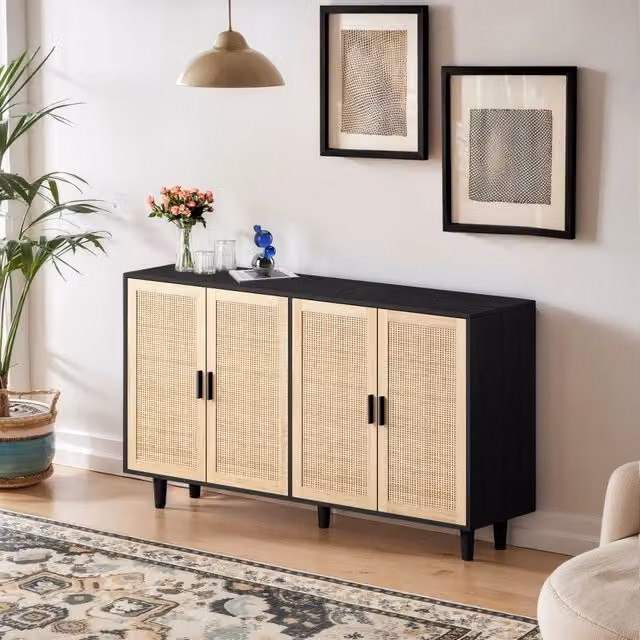 Credenza 158x40x88 cm con 4 ante in rattan e ripiano regolabile in pannello truciolare nero