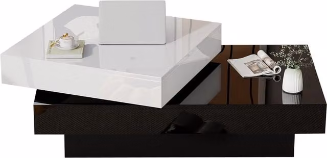 Tavolino da salotto moderno con piano rotante lucido e 2 ripiani, Bianco e Nero, L: 103 cm, P: 60 cm, H: 35,5 cm – 1