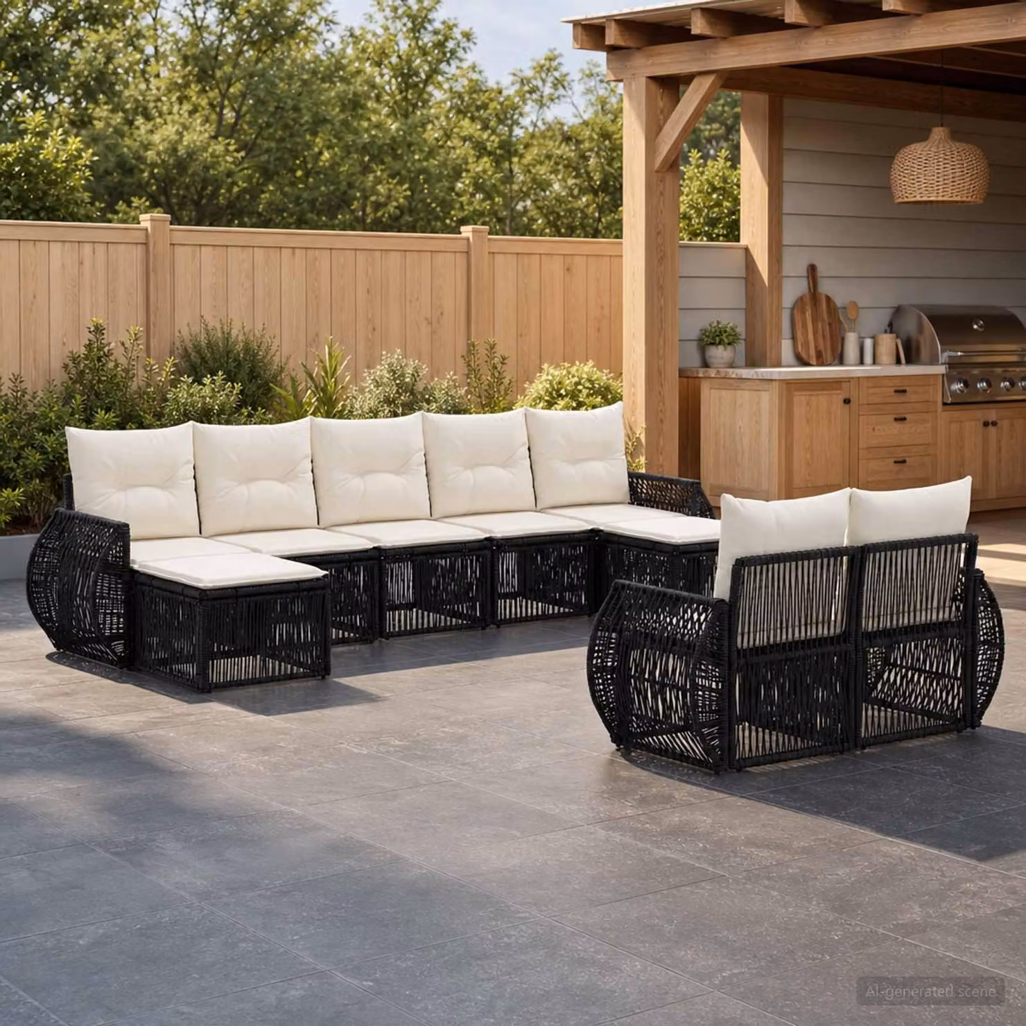 Maison Exclusive - Set da giardino composto da 9 pezzi. Divano e poltrone in rattan sintetico, colore nero e crema