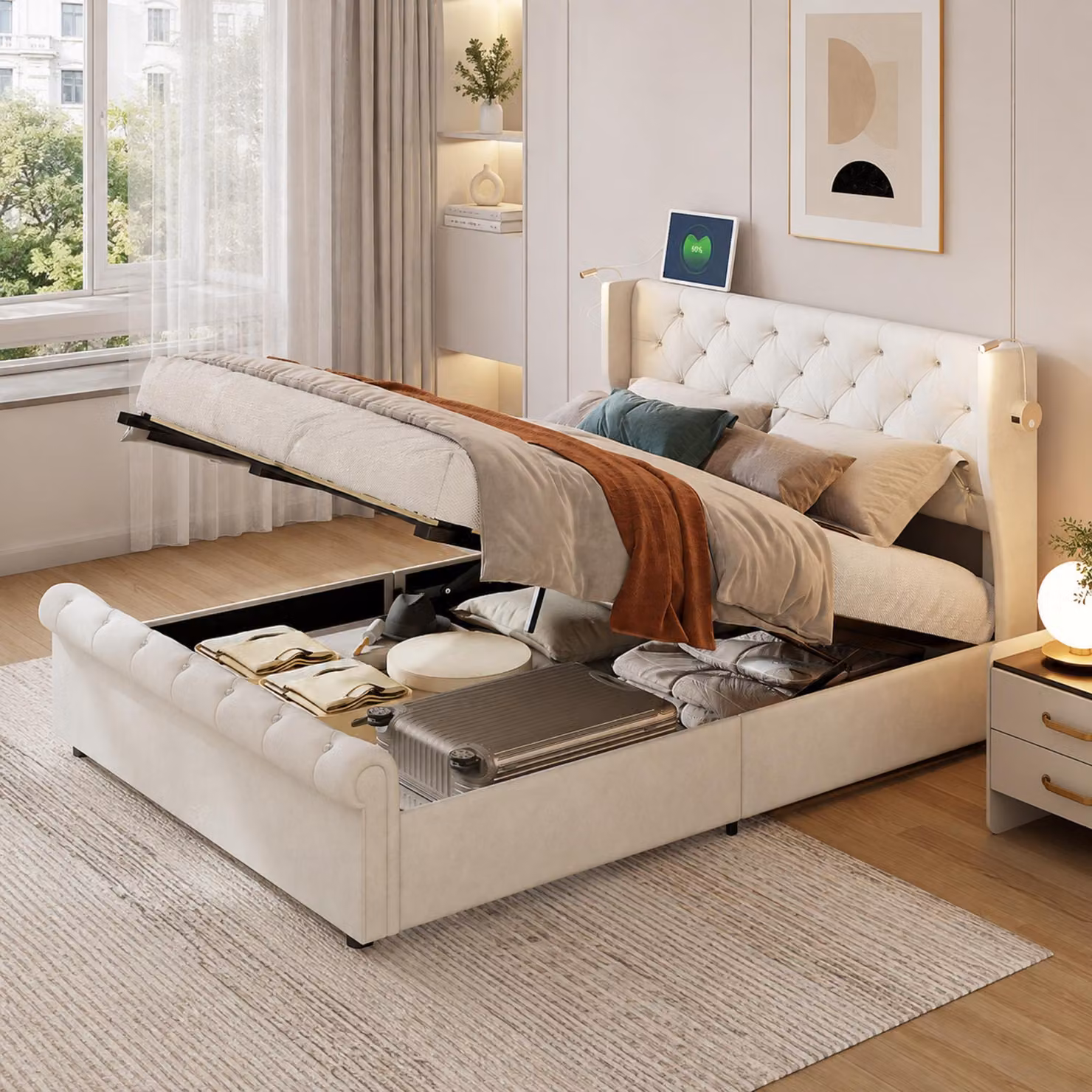 Letto imbottito INONEFT 160x200 cm con LED e USB, letto a molle con contenitore e rete, letto matrimoniale per giovani con sistema idraulico e spazio contenitivo, rivestito in velluto color beige