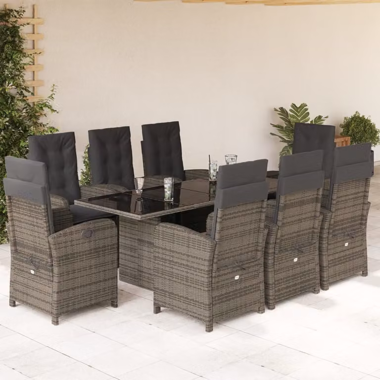 Set da Pranzo da Giardino vidaXL in Polyrattan Grigio e Nero con 9 Pezzi e Cuscini