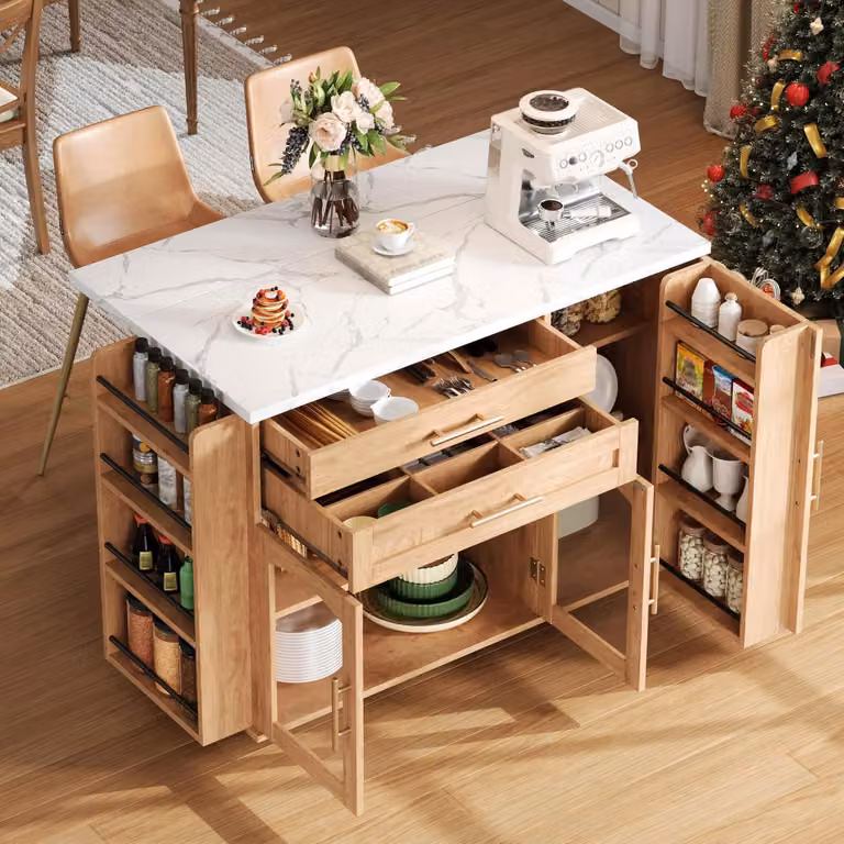 Isola da cucina con piano di lavoro pieghevole, dimensioni 120x45(70)x90 cm, finitura naturale