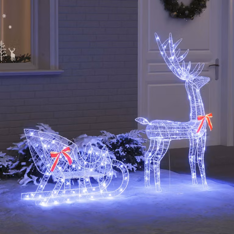 Slitta trainata da renna vidaXL con 200 LED blu e trasparente, L: 70 cm, P: 24 cm, H: 128 cm