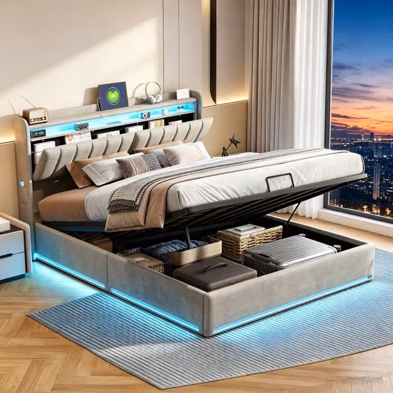Letto imbottito INONEFT 140x200, letto moderno per giovani con LED e USB, letto con sistema di sollevamento idraulico e contenitore, rivestito in velluto grigio, senza materasso