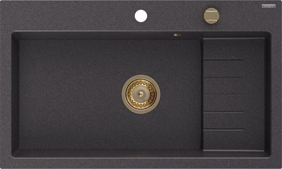 Mexen Omar lavello in granito a 1 vasca 800 x 480 mm, nero maculato, sifone dorato - 6520801005-76-G