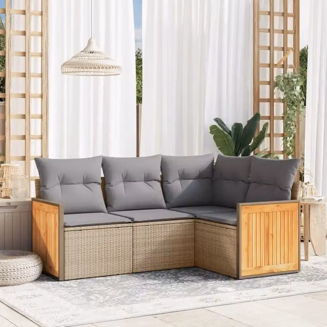 Set Divano da Giardino a L vidaXL in Polyrattan con Cuscini Beige e Grigio e Struttura in Acciaio