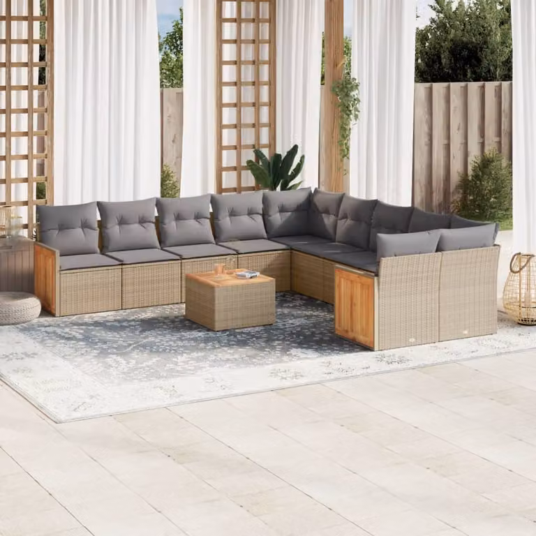 vidaXL Set Divani da Giardino 11 pz con Cuscini Beige e Grigio in Polyrattan e Acciaio