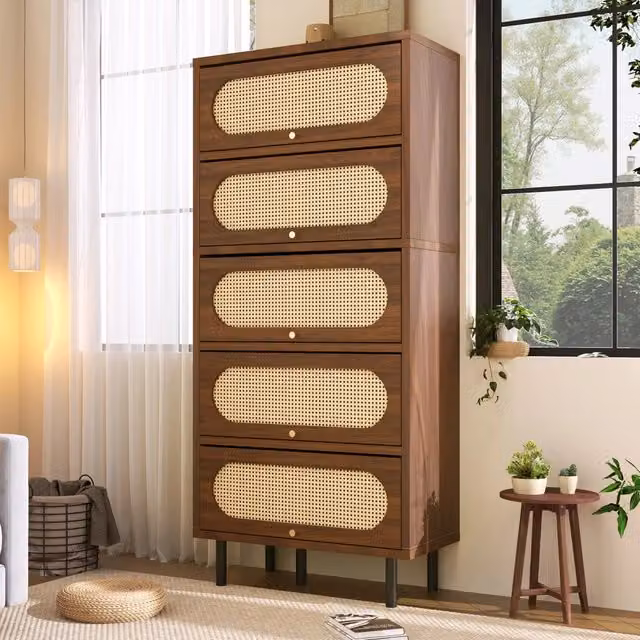 Credenza alta 80x40x163 cm con 5 ante a ribalta; mobile contenitore in legno noce con piedi in metallo