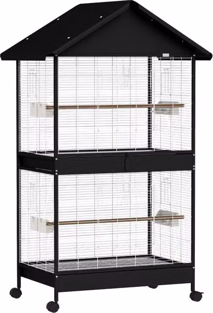 Gabbia per uccelli XXL Minimal in metallo e legno di pino nero con parete divisoria rimovibile, 2 porte, 2 pali in legno e rotelle, H: 158 cm, L: 94 cm, P: 70 cm – 1
