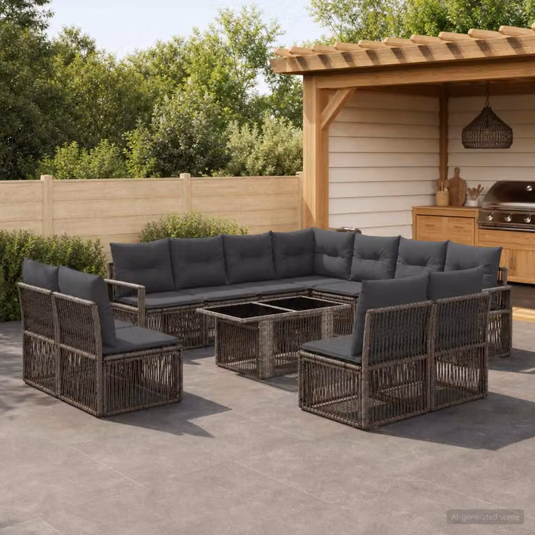 Set Divano da Giardino vidaXL a Forma di L con Tavolino, 12 Pezzi, Grigio e Antracite, in Polyrattan con Cuscini Inclusi