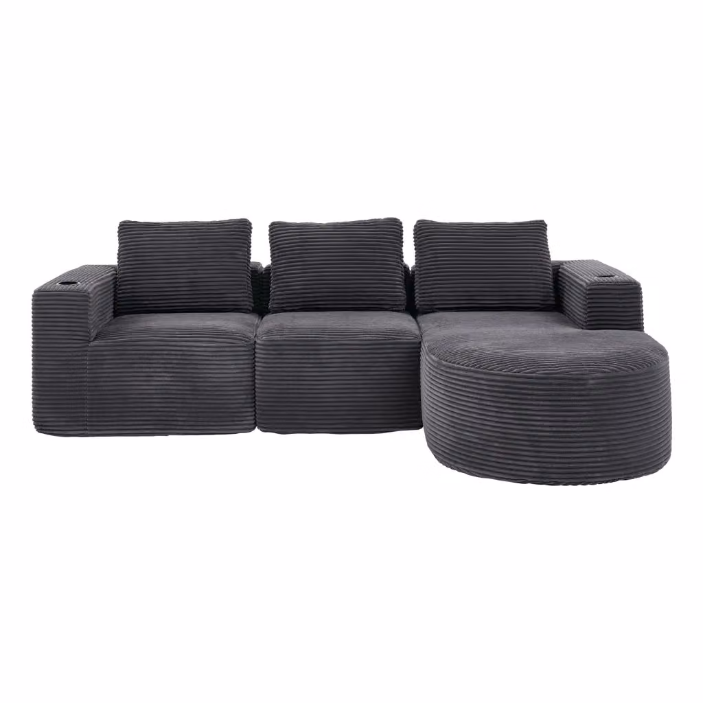 Divano angolare moderno a L con portabicchieri e 3 cuscini, seduta imbottita in schiuma e rivestimento in tessuto grigio, L/P/H: 265 x 160 x 60 cm – 2