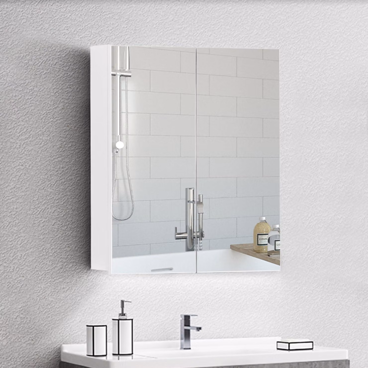 Specchio da bagno con 2 ante, ripiano regolabile, struttura in legno, da montare a parete, ideale per il bagno