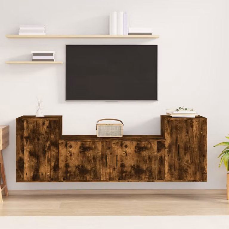 Set di mobili porta TV da 3 pezzi vidaXL in legno multistrato color rovere fumo marrone per soggiorno con montaggio a parete