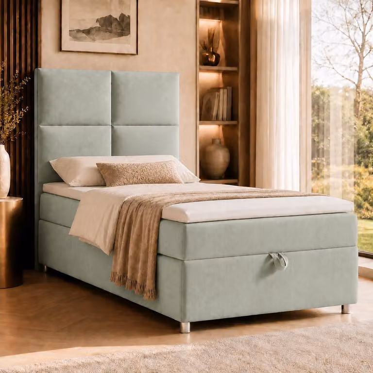 Best for Home Letto boxspring con contenitore Trinity K2-SINGLE 80x200 Materasso a molle Bonell incl. topper – Verde menta