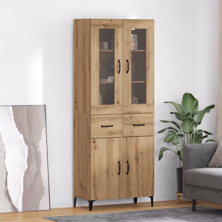 Credenza moderna vidaXL in rovere marrone con ante in vetro e ripiani interni, L/P/H: 69,5 x 34 x 180 cm