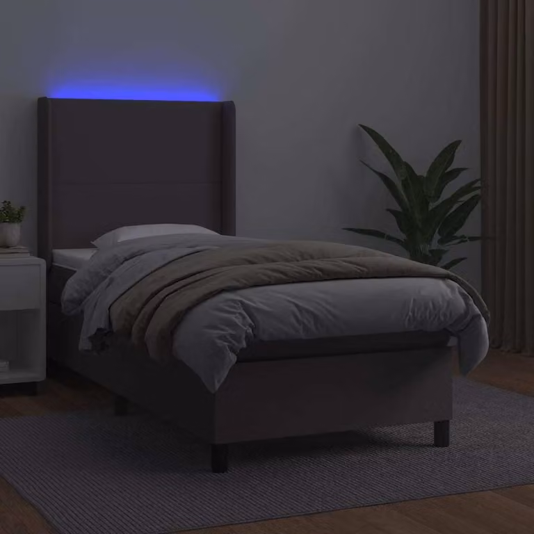 The Living Store Letto a molle con materasso e LED grigio 100x200 cm in ecopelle