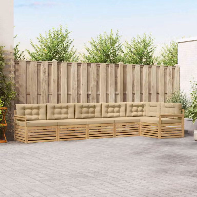 Set di divani da esterno vidaXL 6 pz a forma di L in legno di acacia con cuscini bianchi e beige