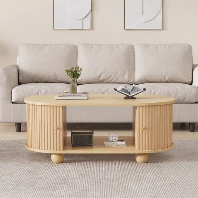 Tavolino da caffè ovale REDOM in MDF con finitura opaca color marrone e beige, L/P/H: 100 x 50 x 40 cm