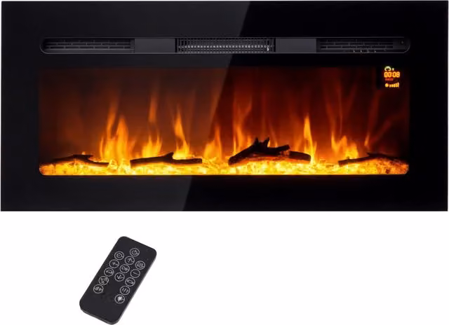 Caminetto Elettrico da Parete 1800W con Telecomando Ceppi e Cristalli Fiamma Regolabile per Casa e Soggiorno Nero