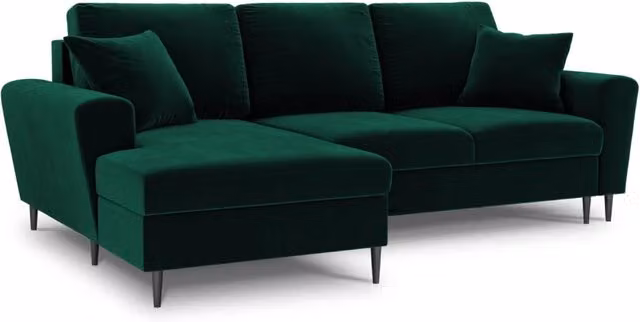 Divano convertibile angolare sinistro Kyoto Cosmopolitan Design con contenitore, 4 posti, velluto verde bottiglia, L: 241 cm, P: 145 cm, H: 88 cm