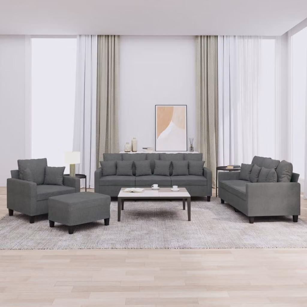 Set di Divani 4 pz vidaXL in Tessuto Grigio con Cuscini e Ottoman per Soggiorno – 1