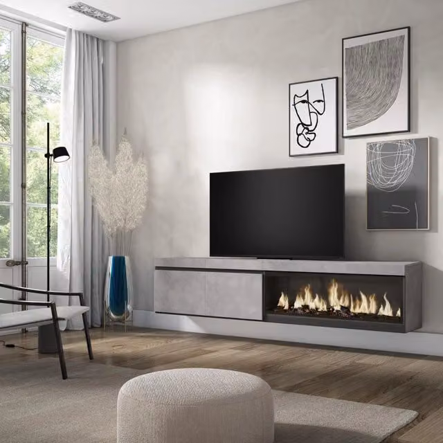 Mobile TV, Soggiorno, 208x35x45cm, Per TV fino a 80", Camino elettrico XXL, da appendere, grigio cemento RF3208