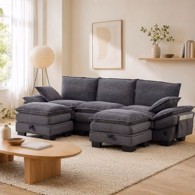 Divano modulare 3 posti in velluto a coste con 2 pouf; USB-C e tasche laterali; grigio scuro
