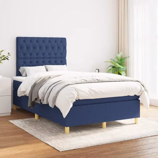 Letto Ibrido vidaXL con Giroletto a Molle e Materasso in Tessuto Blu e Bianco L/P: 120 x 200 cm