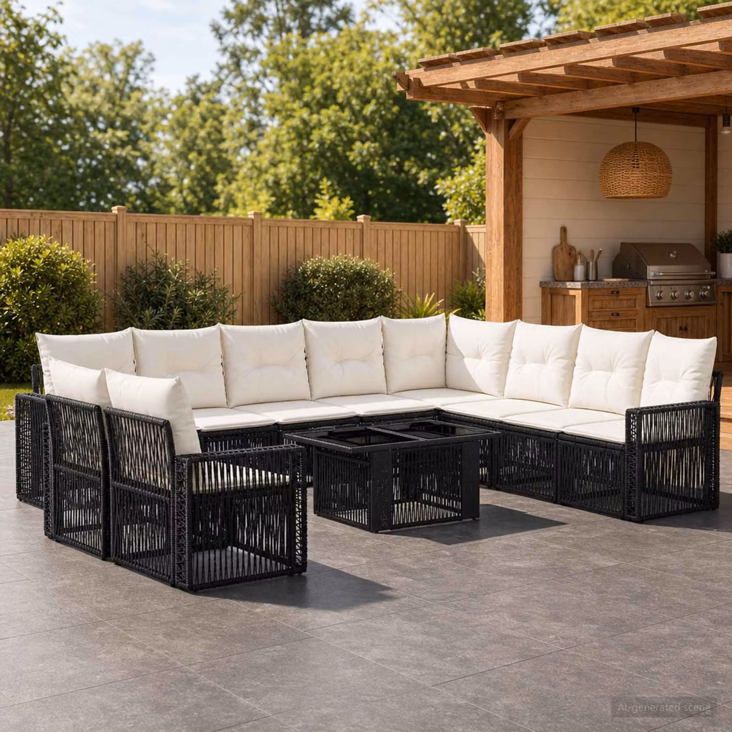 Set Divano da Giardino vidaXL 11 pz in Polyrattan Nero e Bianco Crema con Cuscini e Tavolino