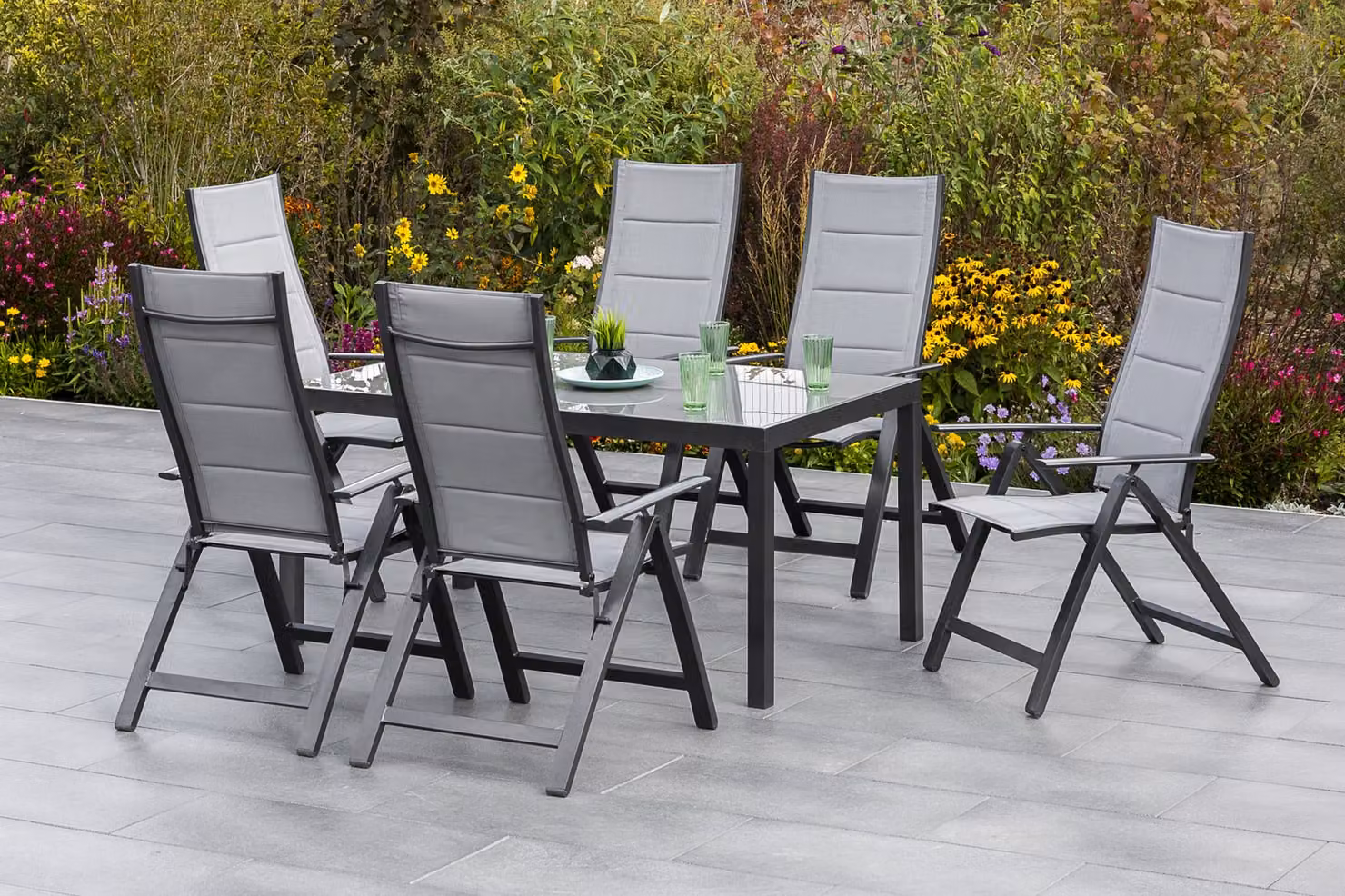 Set di mobili da giardino Merxx "Florenz" da 7 pezzi con tavolo 150 x 90 cm - Struttura in alluminio color grafite con rivestimento in tessuto grigio
