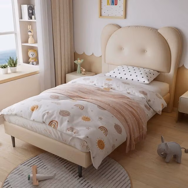 Letto bambino-Xylo-90x200 cm-testo animale, struttura in ferro, PU, beige