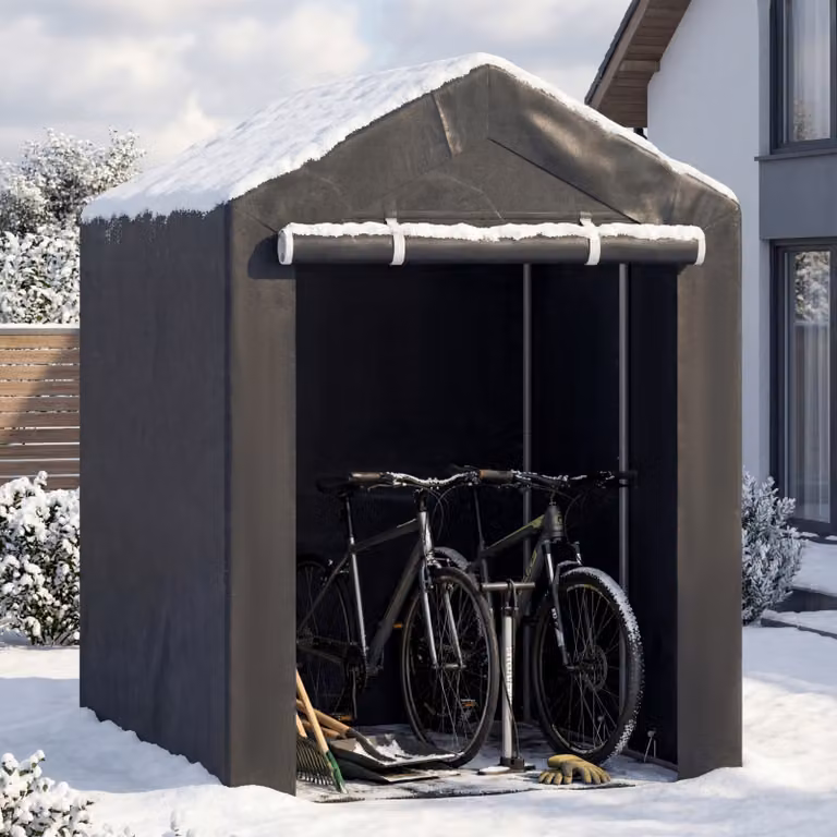Costway Capanno da giardino impermeabile per biciclette, moto e legna con tetto spiovente e porta avvolgibile, Nero, L 180 x P 120 x H 167 cm