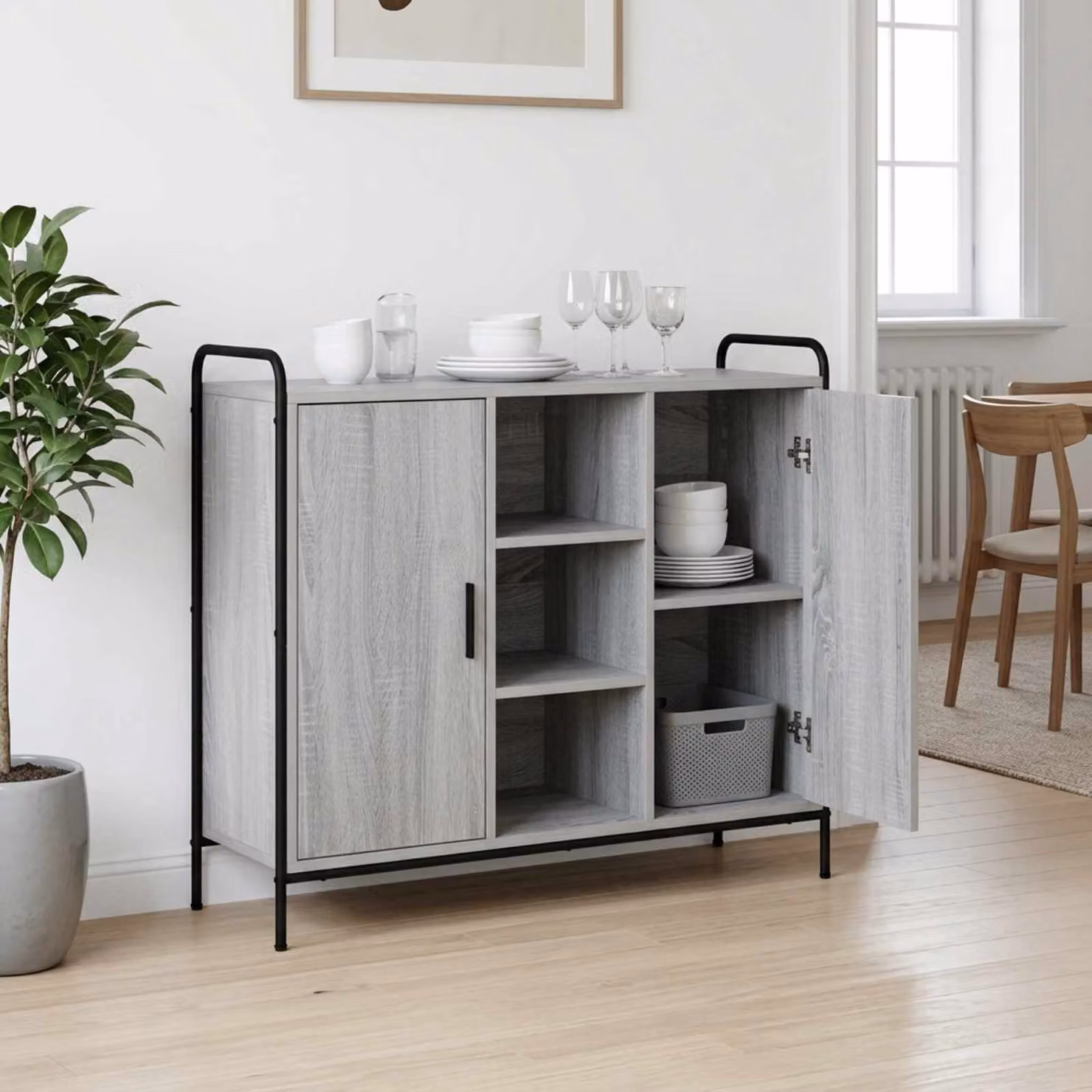 Credenza moderna vidaXL in legno ingegnerizzato e metallo, colore grigio, L 97 x P 33 x H 81 cm
